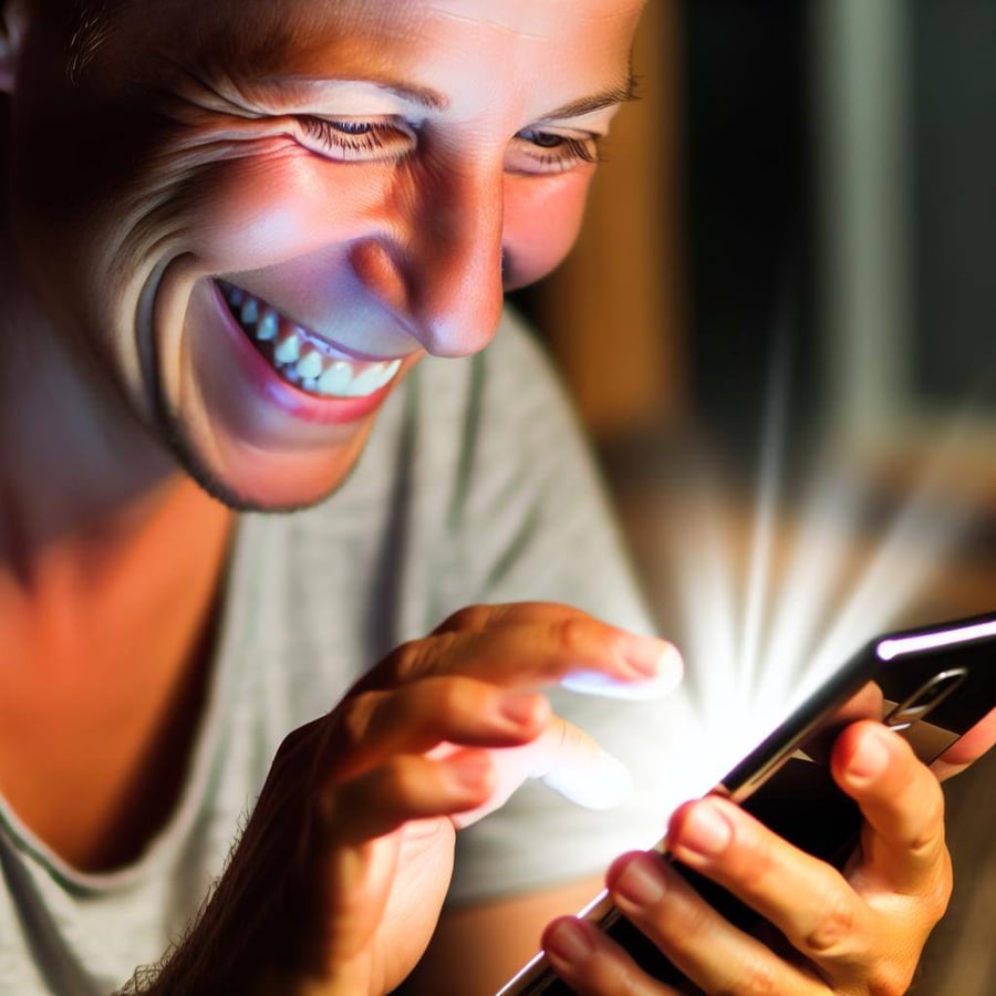 a happy person texting someone on an iPhone showing the screen